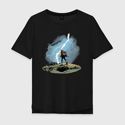 Мужская футболка оверсайз Дурак на холме ловит молнию / Черный – фото 1
