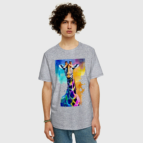Мужская футболка оверсайз Маленький жирафёнок - Африка - акварель / Меланж – фото 3