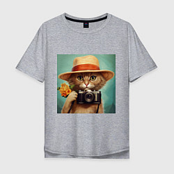 Футболка оверсайз мужская Кот в соломенной шляпе с фотоаппаратом, цвет: меланж