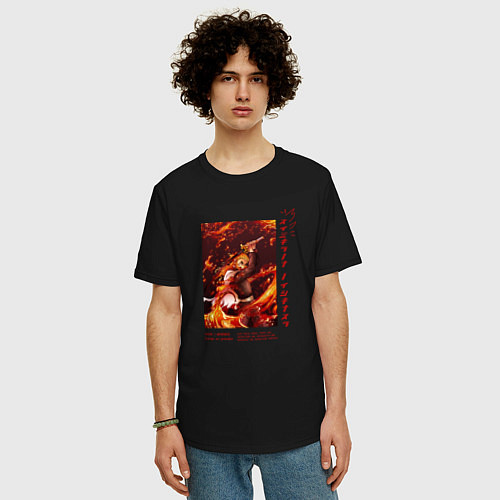 Мужская футболка оверсайз Клинок, рассекающий демонов: Кёджуро Ренгоку / Черный – фото 3