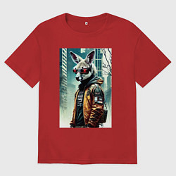 Футболка оверсайз мужская Кенгуру в Нью-Йорке - киберпанк - нейросеть, цвет: красный