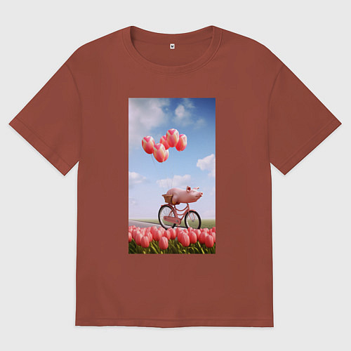 Мужская футболка оверсайз Поросенок на велосипеде / Кирпичный – фото 1