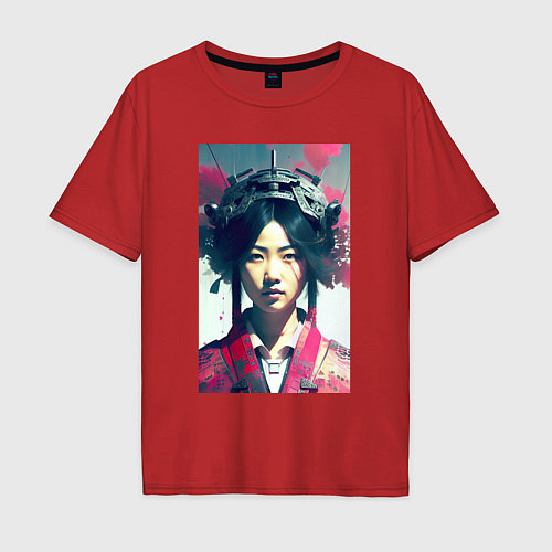 Мужская футболка оверсайз Japanese girl - cyberpunk - neural network / Красный – фото 1
