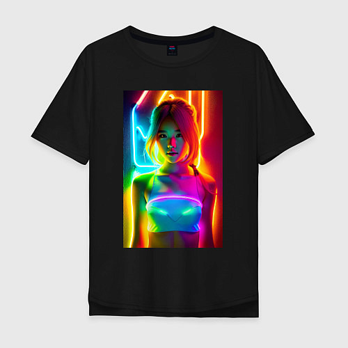 Мужская футболка оверсайз Japanese girl - neon glow - neural network / Черный – фото 1