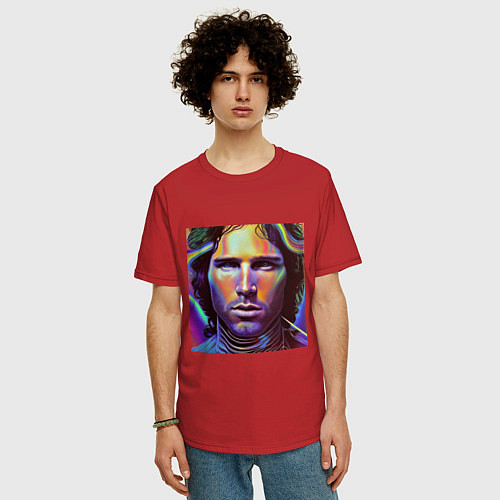 Мужская футболка оверсайз Jim Morrison neon portrait art / Красный – фото 3