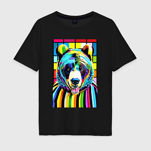 Мужская футболка оверсайз Медвежья мордашка - поп-арт - нейросеть / Черный – фото 1