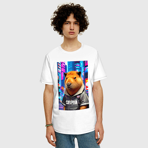 Мужская футболка оверсайз Cool capybara - urban style - neural network / Белый – фото 3