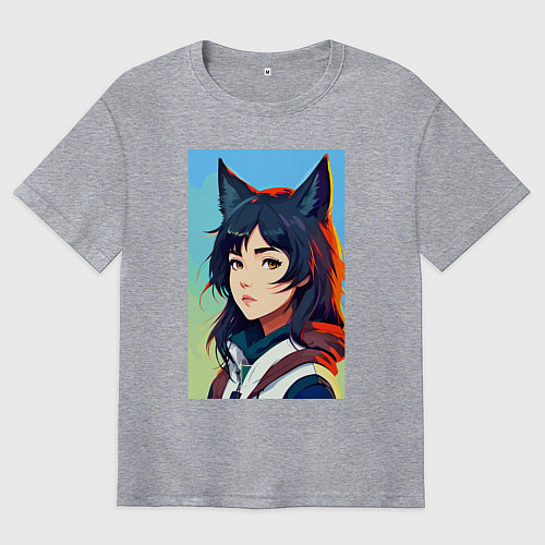 Мужская футболка оверсайз Девочка-волчонок - нейросеть - аниме / Меланж – фото 1