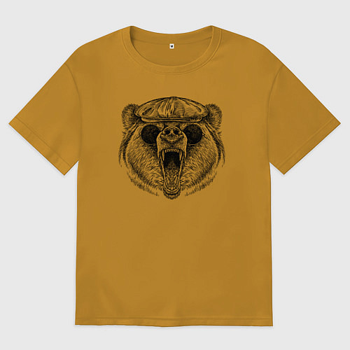 Мужская футболка оверсайз Медведь в кепке и очках / Горчичный – фото 1