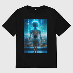 Футболка оверсайз мужская Девочка и робот - нейросеть, цвет: черный