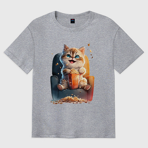 Мужская футболка оверсайз Веселый котик с попкорном / Меланж – фото 1