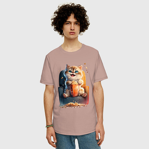 Мужская футболка оверсайз Веселый котик с попкорном / Пыльно-розовый – фото 3