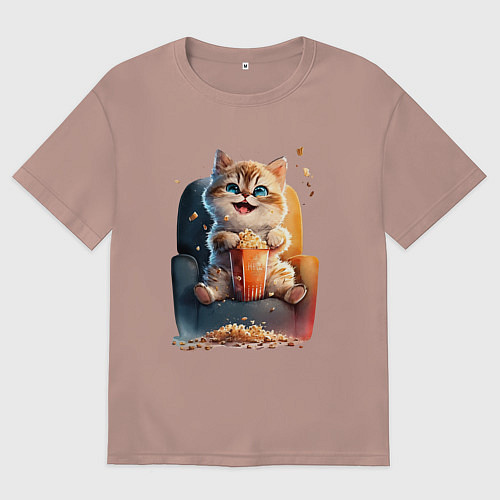 Мужская футболка оверсайз Веселый котик с попкорном / Пыльно-розовый – фото 1