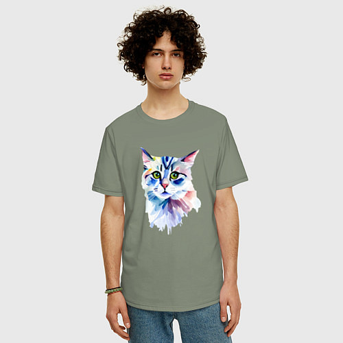 Мужская футболка оверсайз Акварельный волшебный котик / Авокадо – фото 3