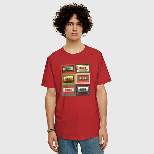 Мужская футболка оверсайз Коллекция ретро аудиокассет / Красный – фото 3