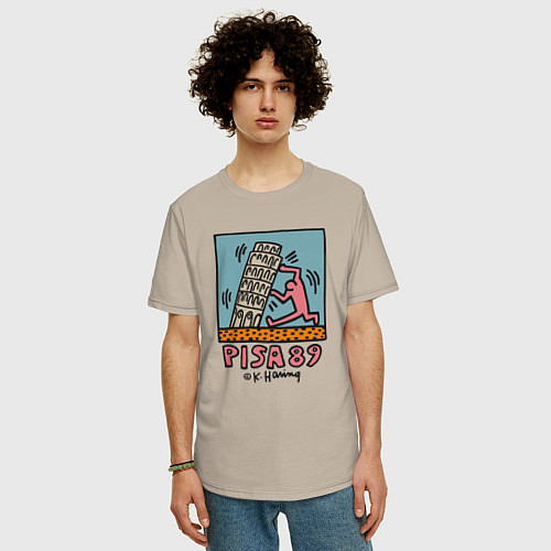 Мужская футболка оверсайз Поп арт Кит Харинг - Пизанская башня / Миндальный – фото 3