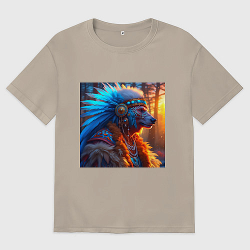 Мужская футболка оверсайз Медведь-индеец от нейросети / Миндальный – фото 1