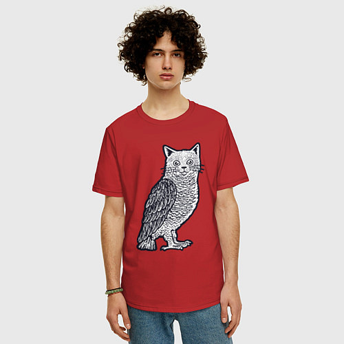 Мужская футболка оверсайз Кошка сова / Красный – фото 3