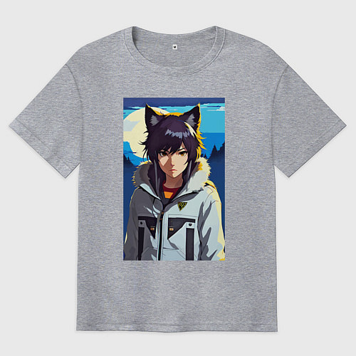 Мужская футболка оверсайз Девочка-волчонок - аниме / Меланж – фото 1