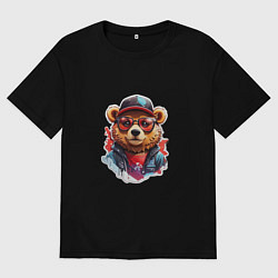 Футболка оверсайз мужская Модный медведь в кепке и в очках, цвет: черный