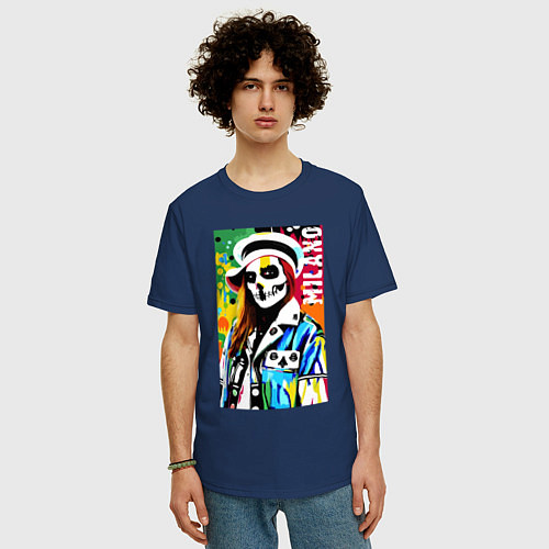 Мужская футболка оверсайз Skeleton fashionista - Milano - pop art / Тёмно-синий – фото 3