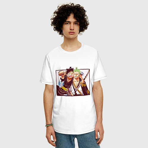 Мужская футболка оверсайз Луффи и Ророноа Зоро - Ван пис / Белый – фото 3