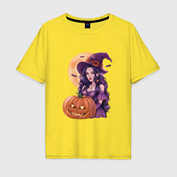 Футболка оверсайз мужская Хэллоуин - ведьма с тыквой, цвет: желтый