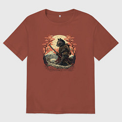 Футболка оверсайз мужская Японский самурайский кот, цвет: кирпичный