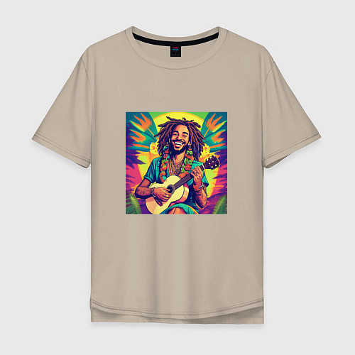 Мужская футболка оверсайз Веселый растаман регги гитарист в стиле retrowave / Миндальный – фото 1
