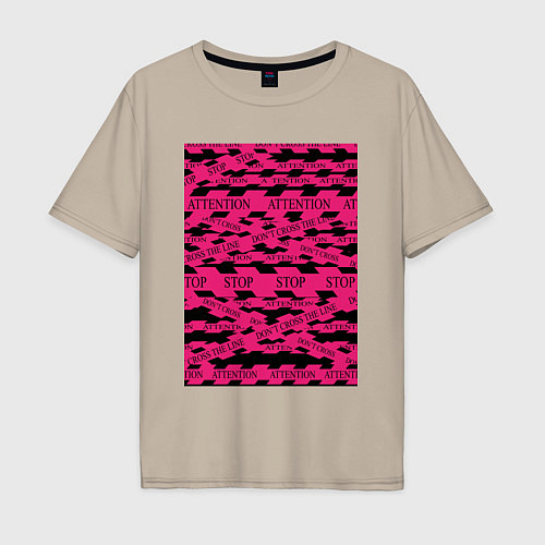 Мужская футболка оверсайз Розовая стоп лента Абстракция с заградительной лен / Миндальный – фото 1