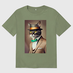 Футболка оверсайз мужская Портрет кота джентльмена в шляпе, цвет: авокадо