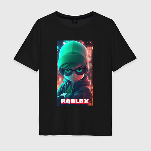 Мужская футболка оверсайз Роблокс в зеленой шапке / Черный – фото 1