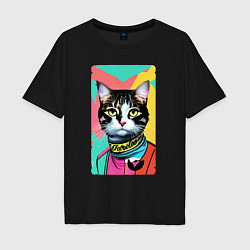 Футболка оверсайз мужская Pop art cat - neural network, цвет: черный