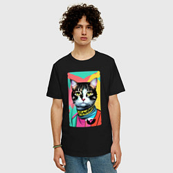 Футболка оверсайз мужская Pop art cat - neural network, цвет: черный — фото 2