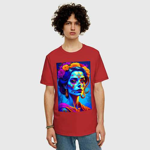 Мужская футболка оверсайз Женщина с макияжем на Хэллоуин - нейросеть / Красный – фото 3
