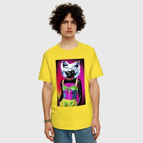 Мужская футболка оверсайз Cat fashionista - pop art - neural network / Желтый – фото 3