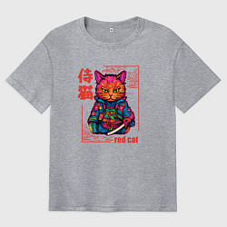 Футболка оверсайз мужская Кот в японском стиле - самурай, цвет: меланж