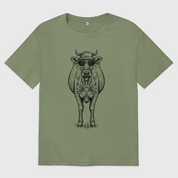 Футболка оверсайз мужская Корова анфас в очках, цвет: авокадо
