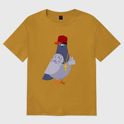 Футболка оверсайз мужская Крутой голубь в кепке показывает f**k, цвет: горчичный