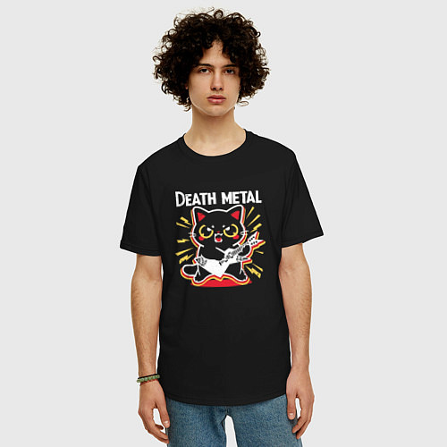 Мужская футболка оверсайз Death metal - котик с гитарой / Черный – фото 3