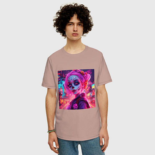 Мужская футболка оверсайз Девушка в макияже ко дню мёртвых / Пыльно-розовый – фото 3