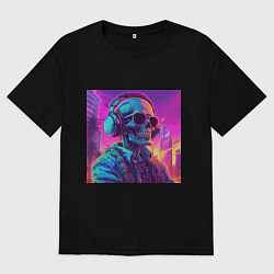 Футболка оверсайз мужская Скелет в свете неонового города, цвет: черный