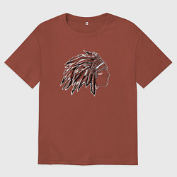 Футболка оверсайз мужская Профиль индеец с перьями рисунок, цвет: кирпичный