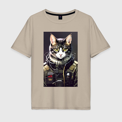Мужская футболка оверсайз Крутой кот - киберпанк - нейросеть / Миндальный – фото 1