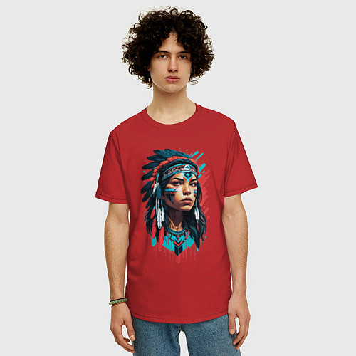 Мужская футболка оверсайз Индианка в роуче и боевой раскраске / Красный – фото 3