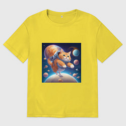 Футболка оверсайз мужская Котик в космосе мультяшный, цвет: желтый