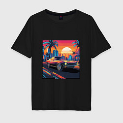 Футболка оверсайз мужская Ретро машина и футуристический город на закате, цвет: черный
