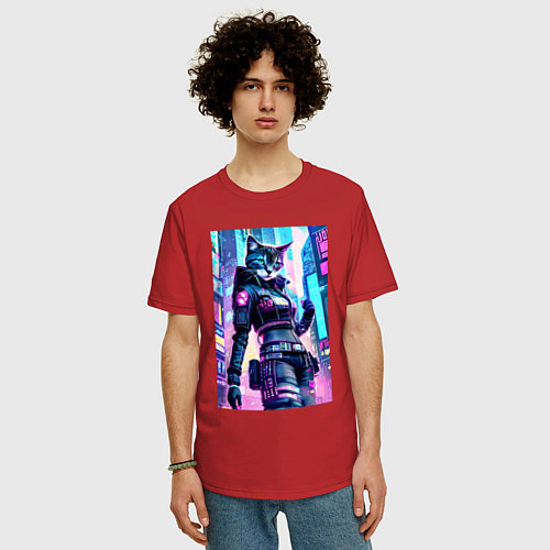 Мужская футболка оверсайз Крутая кошечка - киберпанк - нейросеть / Красный – фото 3