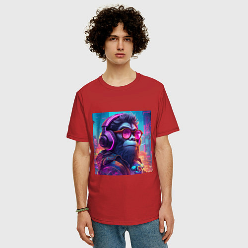 Мужская футболка оверсайз Обезьяна в наушниках и очках / Красный – фото 3