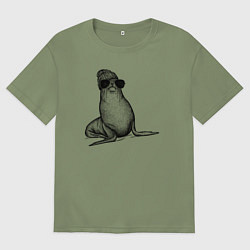 Футболка оверсайз мужская Морской котик стильный, цвет: авокадо